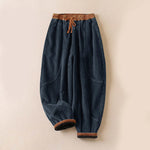 Buddha Stones Color Contrast Corduroy Cotton Women's Thermal Fleece-Lined Harem Pants With Pockets