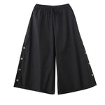 Buddha Stones Plain Buttoned Side Design Capri Cropped Women's Wide Leg Pants With Pockets