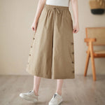 Buddha Stones Plain Buttoned Side Design Capri Cropped Women's Wide Leg Pants With Pockets