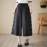 Buddha Stones Plain Buttoned Side Design Capri Cropped Women's Wide Leg Pants With Pockets