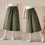 Buddha Stones Plain Buttoned Side Design Capri Cropped Women's Wide Leg Pants With Pockets