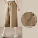 Buddha Stones Plain Buttoned Side Design Capri Cropped Women's Wide Leg Pants With Pockets