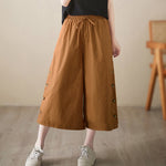 Buddha Stones Plain Buttoned Side Design Capri Cropped Women's Wide Leg Pants With Pockets