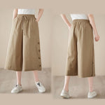 Buddha Stones Plain Buttoned Side Design Capri Cropped Women's Wide Leg Pants With Pockets