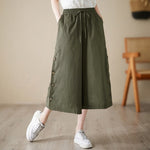 Buddha Stones Plain Buttoned Side Design Capri Cropped Women's Wide Leg Pants With Pockets