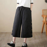 Buddha Stones Plain Buttoned Side Design Capri Cropped Women's Wide Leg Pants With Pockets