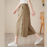 Buddha Stones Plain Buttoned Side Design Capri Cropped Women's Wide Leg Pants With Pockets