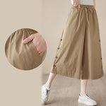 Buddha Stones Plain Buttoned Side Design Capri Cropped Women's Wide Leg Pants With Pockets