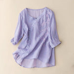 Buddha Stones Casual Loose Flower Embroidery Frog Button Short Sleeve Women's Shirt
