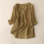 Buddha Stones Casual Loose Flower Embroidery Frog Button Short Sleeve Women's Shirt