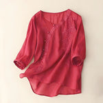 Buddha Stones Casual Loose Flower Embroidery Frog Button Short Sleeve Women's Shirt