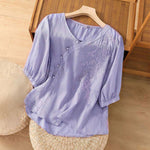 Buddha Stones Casual Loose Flower Embroidery Frog Button Short Sleeve Women's Shirt