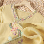 Buddha Stones Stand Collar Embroidery Button Design Three Quarter Sleeve Women's Shirt