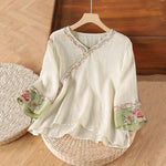 Buddha Stones Stand Collar Embroidery Button Design Three Quarter Sleeve Women's Shirt