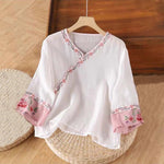 Buddha Stones Stand Collar Embroidery Button Design Three Quarter Sleeve Women's Shirt