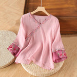 Buddha Stones Stand Collar Embroidery Button Design Three Quarter Sleeve Women's Shirt