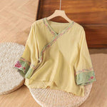 Buddha Stones Stand Collar Embroidery Button Design Three Quarter Sleeve Women's Shirt