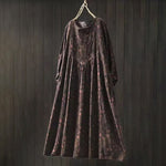 Buddha Stones Retro Floral Pattern A-line Design Long Sleeve Women's Cotton Maxi Dress