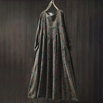 Buddha Stones Retro Floral Pattern A-line Design Long Sleeve Women's Cotton Maxi Dress