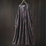 Buddha Stones Retro Floral Pattern A-line Design Long Sleeve Women's Cotton Maxi Dress