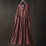 Buddha Stones Retro Floral Pattern A-line Design Long Sleeve Women's Cotton Maxi Dress