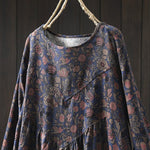 Buddha Stones Retro Floral Pattern A-line Design Long Sleeve Women's Cotton Maxi Dress