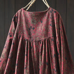 Buddha Stones Retro Floral Pattern A-line Design Long Sleeve Women's Cotton Maxi Dress
