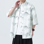 Buddha Stones Printing Chinese Ink Landscape Pattern Men's Frog-button Half Sleeve Shirts