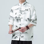 Buddha Stones Printing Chinese Ink Landscape Pattern Men's Frog-button Half Sleeve Shirts