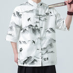 Buddha Stones Printing Chinese Ink Landscape Pattern Men's Frog-button Half Sleeve Shirts