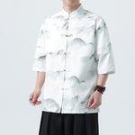 Buddha Stones Printing Chinese Ink Landscape Pattern Men's Frog-button Half Sleeve Shirts