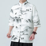Buddha Stones Printing Chinese Ink Landscape Pattern Men's Frog-button Half Sleeve Shirts