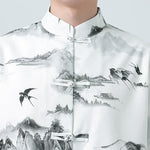 Buddha Stones Printing Chinese Ink Landscape Pattern Men's Frog-button Half Sleeve Shirts