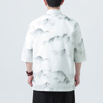Buddha Stones Printing Chinese Ink Landscape Pattern Men's Frog-button Half Sleeve Shirts