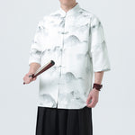 Buddha Stones Printing Chinese Ink Landscape Pattern Men's Frog-button Half Sleeve Shirts