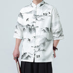 Buddha Stones Printing Chinese Ink Landscape Pattern Men's Frog-button Half Sleeve Shirts