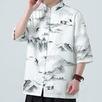 Buddha Stones Printing Chinese Ink Landscape Pattern Men's Frog-button Half Sleeve Shirts