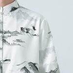 Buddha Stones Printing Chinese Ink Landscape Pattern Men's Frog-button Half Sleeve Shirts