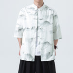 Buddha Stones Printing Chinese Ink Landscape Pattern Men's Frog-button Half Sleeve Shirts