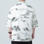 Buddha Stones Printing Chinese Ink Landscape Pattern Men's Frog-button Half Sleeve Shirts