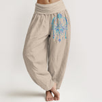 Buddha Stones Pure Cotton Elegant Lotus Pattern Women's Elastic Waist Harem Pants