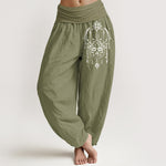 Buddha Stones Pure Cotton Elegant Lotus Pattern Women's Elastic Waist Harem Pants