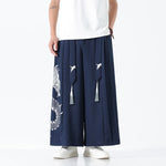 Buddha Stones Summer Dragon Drawstring Design Cotton Ankle-Length Men's Wide Leg Pants With Pockets