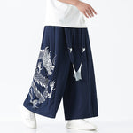 Buddha Stones Summer Dragon Drawstring Design Cotton Ankle-Length Men's Wide Leg Pants With Pockets