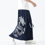 Buddha Stones Summer Dragon Drawstring Design Cotton Ankle-Length Men's Wide Leg Pants With Pockets