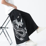 Buddha Stones Summer Dragon Drawstring Design Cotton Ankle-Length Men's Wide Leg Pants With Pockets