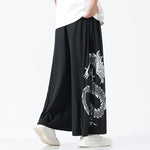 Buddha Stones Summer Dragon Drawstring Design Cotton Ankle-Length Men's Wide Leg Pants With Pockets