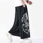 Buddha Stones Summer Dragon Drawstring Design Cotton Ankle-Length Men's Wide Leg Pants With Pockets