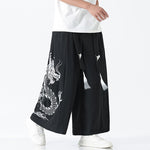 Buddha Stones Summer Dragon Drawstring Design Cotton Ankle-Length Men's Wide Leg Pants With Pockets