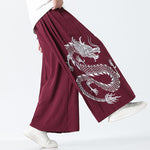 Buddha Stones Summer Dragon Drawstring Design Cotton Ankle-Length Men's Wide Leg Pants With Pockets